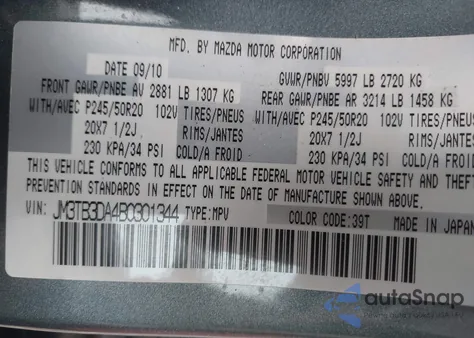 2011 Mazda Cx-9 Grand Touring z USA, uszkodzony, nr VIN JM3TB3DA4B0301344